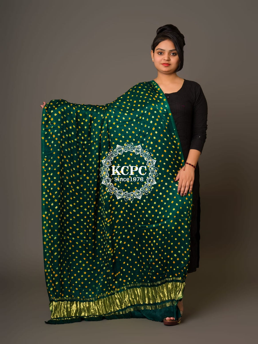 Green - Modal Silk Natural Dyed Plain Dupatta with Lagdi Patta 04