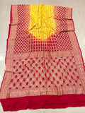 Pure Georgette Beautiful Nim Zari Bandhej Jungalo Banarasi Saree Nr Kcpc Yellow Red