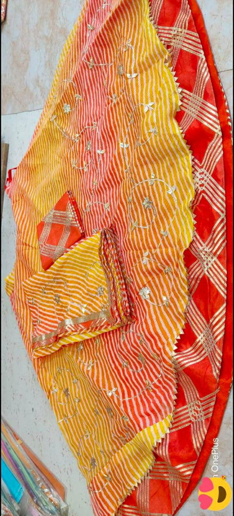 Jaipuri Special Kota Doria Gotapatti Lehenga Or Kml Yellow Orange Red Lehenga