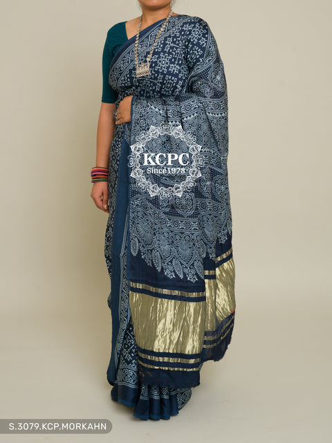Pure Ajrakh Modal Silk With Patola Style Saree Kcpc Dr Indigo Blue Saree
