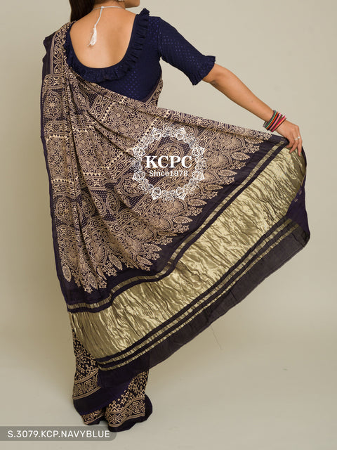 Pure Ajrakh Modal Silk With Patola Style Saree Kcpc Dr Navy Blue Saree