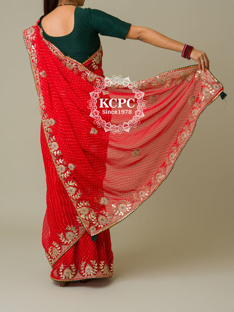 Pure Georgette Beautiful Lehriya Design With Embroidery Gotaptti Work Border Saree, ASH, OR