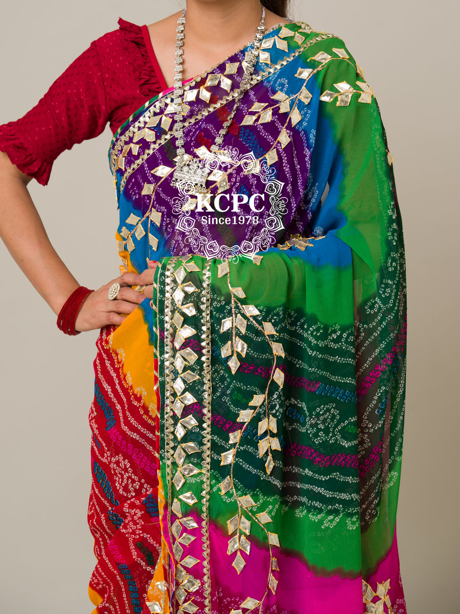 Traditional Pink Bandhani Leheriya Saree in Two-Tone Satin Silk Stone & Thread Work Blouse Included - Buy