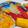 Bandhani Silk Gotapatti Suit Or Kcpc Red Yellow Sky Blue Suits