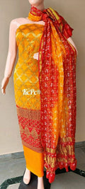 Pure Banarasi Bandhej Gharchola Salwar Suit Material Or Kc Yellow Red Suits