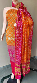 Pure Banarasi Bandhej Gharchola Salwar Suit Material Or Kc Pink Orange Suits