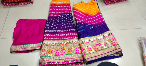 Bandhej Silk Full Stitched Lahnga With Heavy Gotta Patti Border Or Skml Yellow Pink Blue Lehenga