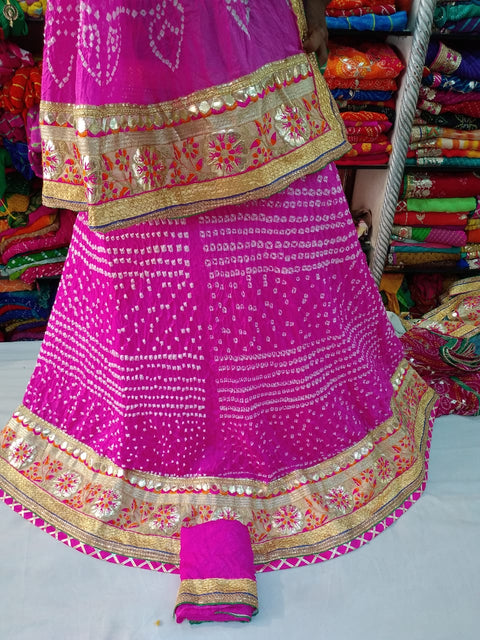 Bandhej Silk Full Stitched Lahnga With Heavy Gotta Patti Border Or Skml Pink Lehenga