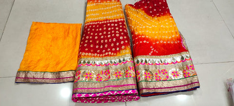 Bandhej Silk Full Stitched Lahnga With Heavy Gotta Patti Border Or Skml Yellow Red Lehenga
