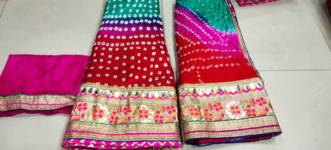 Bandhej Silk Full Stitched Lahnga With Heavy Gotta Patti Border Or Skml Rama Pink Red Lehenga