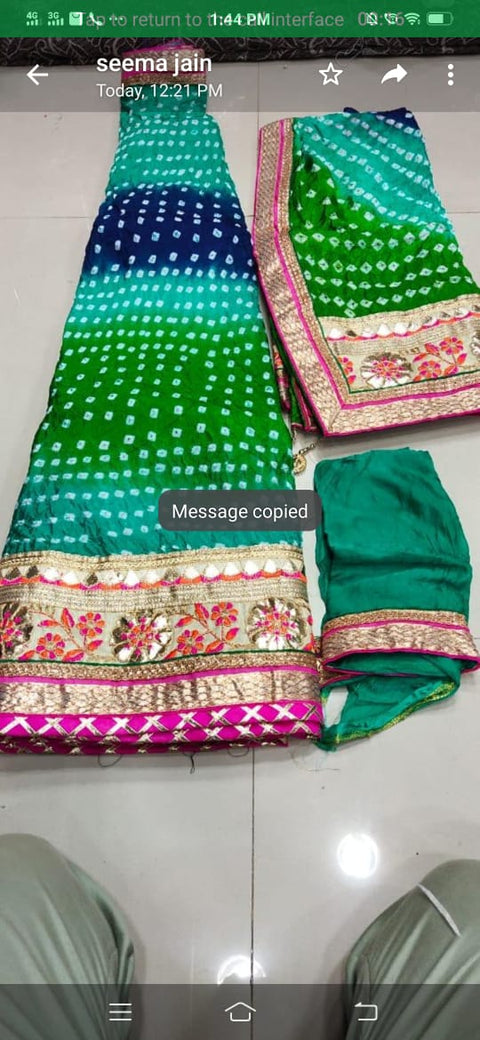 Bandhej Silk Full Stitched Lahnga With Heavy Gotta Patti Border Or Skml Rama Green Blue Lehenga
