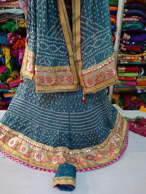 Bandhej Silk Full Stitched Lahnga With Heavy Gotta Patti Border Or Skml Grey Lehenga