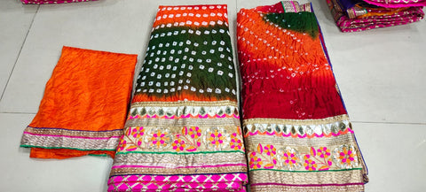 Bandhej Silk Full Stitched Lahnga With Heavy Gotta Patti Border Or Skml Green Orange Lehenga