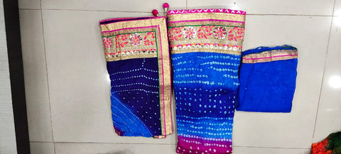 Bandhej Silk Full Stitched Lahnga With Heavy Gotta Patti Border Or Skml Blue Pink Blue Lehenga