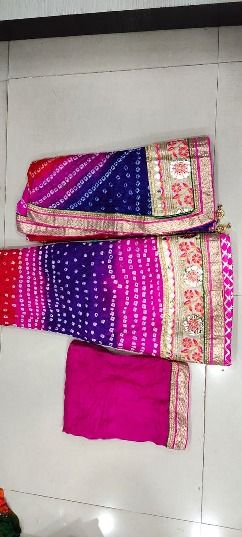 Bandhej Silk Full Stitched Lahnga With Heavy Gotta Patti Border Or Skml Pink Blue Red Lehenga