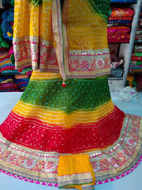 Bandhej Silk Full Stitched Lahnga With Heavy Gotta Patti Border Or Skml Red Yellow Green Lehenga