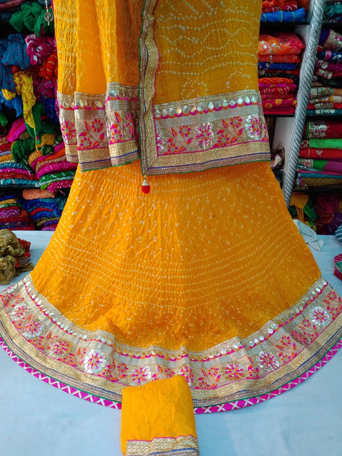 Bandhej Silk Full Stitched Lahnga With Heavy Gotta Patti Border Or Skml Yellow Lehenga