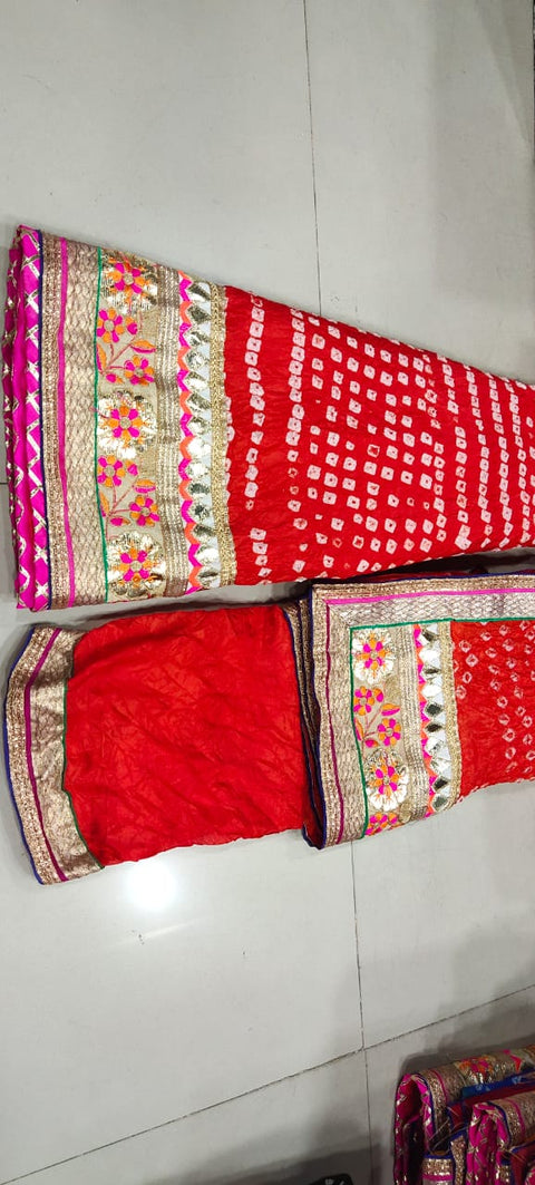 Bandhej Silk Full Stitched Lahnga With Heavy Gotta Patti Border Or Skml Red Lehenga