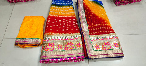 Bandhej Silk Full Stitched Lahnga With Heavy Gotta Patti Border Or Skml Yellow Blue Red Lehenga