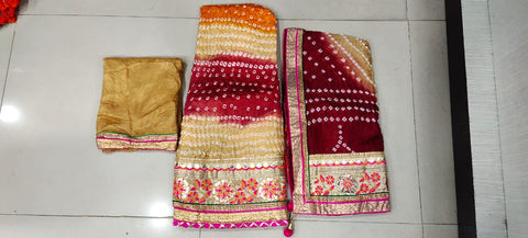 Bandhej Silk Full Stitched Lahnga With Heavy Gotta Patti Border Or Skml Cream Meroon Orange Lehenga