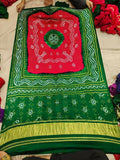 Pure Gaji Silk Bandhani Chandokhani Dupatta Green Red Dupatta