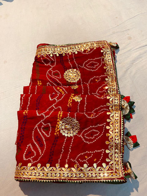 Rajasthani Red Bandhani Gotapatti Saree Nr Js