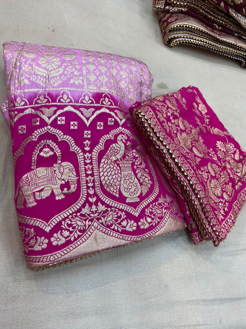 Pure Banarasi Dola Silk Lehenga With Zari Work Bit Or Pink Rani Lehenga