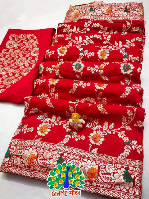 Pure Banarasi Cotton Silk With Zari Weaving Butti Border Saree Ash Or Red Saree