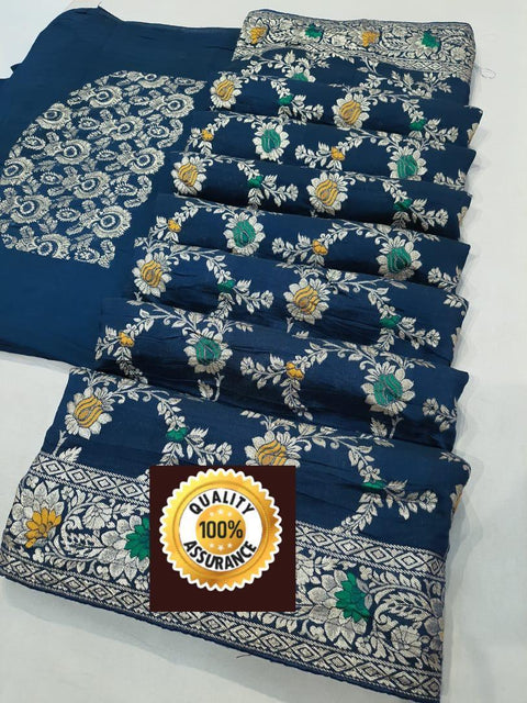 Pure Banarasi Cotton Silk With Zari Weaving Butti Border Saree Ash Or Navy Blue Saree