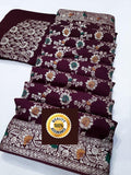Pure Banarasi Cotton Silk With Zari Weaving Butti Border Saree Ash Or Wine Saree