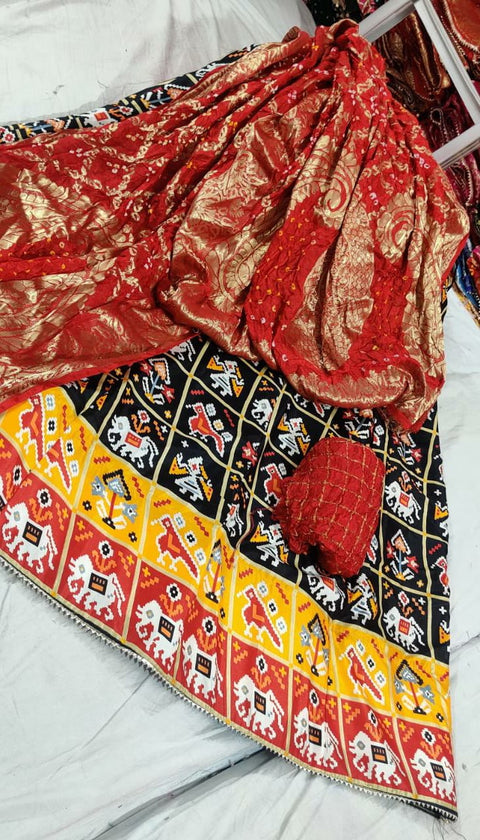 Pure Dola Silk Patola Printe Cotton Inner Lining Lehenga Or Kml Black Red