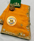 Pure Georgette Beautiful Modthra With Gotapatti Work Peacock Saree Ash Or Yellow