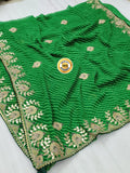 Pure Georgette Beautiful Lehriya Design With Embroidery Gotaptti Work Border Saree Ash Or Green