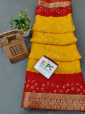 Beautiful Moss Chiffon Georgette Bandhani Sarees Or Kcpc Yellow Red Saree