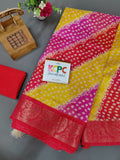 Sawan Special Pure Bandhani Cum Leheriya Cotton Silk Fabric Saree Kcpc Nr Yellow Pink Red Saree