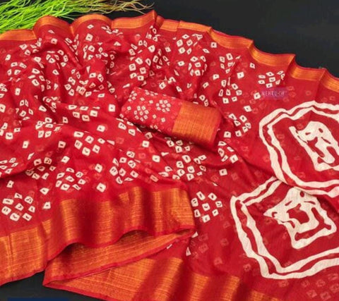 Pure Linen Cotton With Zari And Traditional Bandhni Print Saree Kcpc Ir Saree