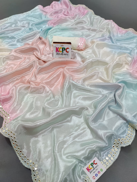 New Crape Silk Multicolor Tie Dye Cutwork Mirror kashida saree with blouse
