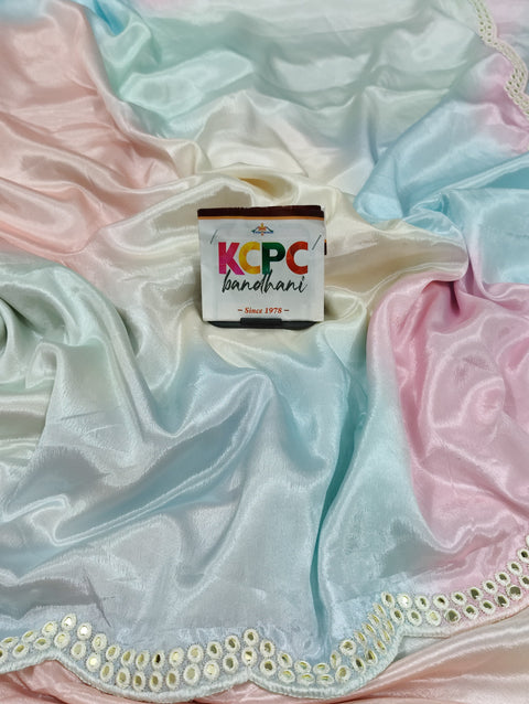 New Crape Silk Multicolor Tie Dye Cutwork Mirror kashida saree with blouse