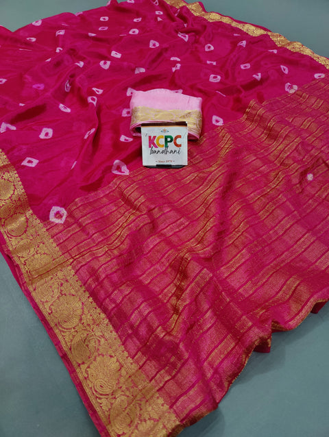 Jaipuri Traditional Chinon Fabric Bandhani Jhankar Saree with Banarasi border Mhs