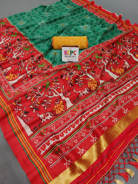 New Ojariya Silk Fabric Patola Bandhani Saree with zari palla and tussels