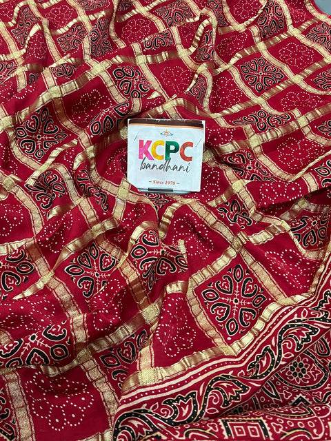 Pure Gaji Modal Silk Ajrakh Print Ghatchola Saree with blouse crafted by kutch bhuj karigars, aad