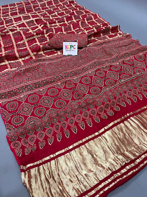 Pure Gaji Modal Silk Ajrakh Print Ghatchola Saree with blouse crafted by kutch bhuj karigars, aad