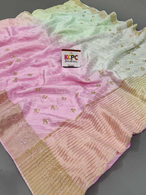 Original Dola Silk Multicolor Leheriya Gotapatti Jardozi Work Handwork Jaipuri Saree with blouse