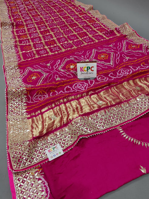 KcPc Exclusive Designer Jaipuri Gaji Silk Ghatchola Bandhej Saree with luxury Gotapatti work
