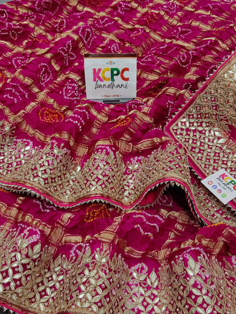 KcPc Exclusive Designer Jaipuri Gaji Silk Ghatchola Bandhej Saree with luxury Gotapatti work