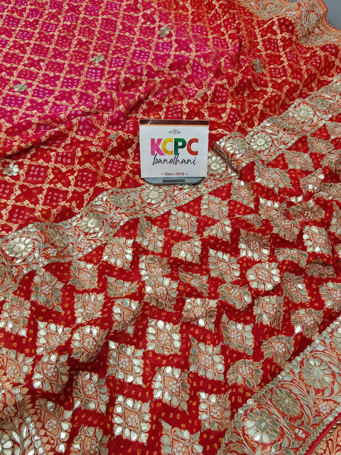 KcPc Designer Sabyasachi Inspired Pure Khaddi Georgette Neemzari Bandhej Gotapatti Zaridoji work Saree with blouse