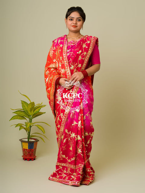 Pure Munga Silk Meenakari Banarasi Weaving Saree with Kacha Gotapatti Handwork smj