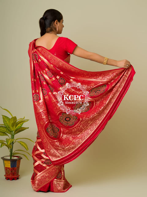 Pure Gaji Silk Ajrakh Bandhani Figure Zari Weaving Saree with Blouse OR kcpc