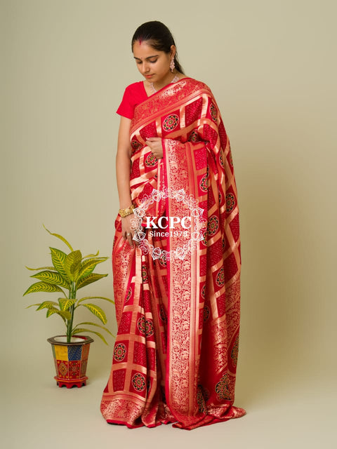 Pure Gaji Silk Ajrakh Bandhani Figure Zari Weaving Saree with Blouse OR kcpc
