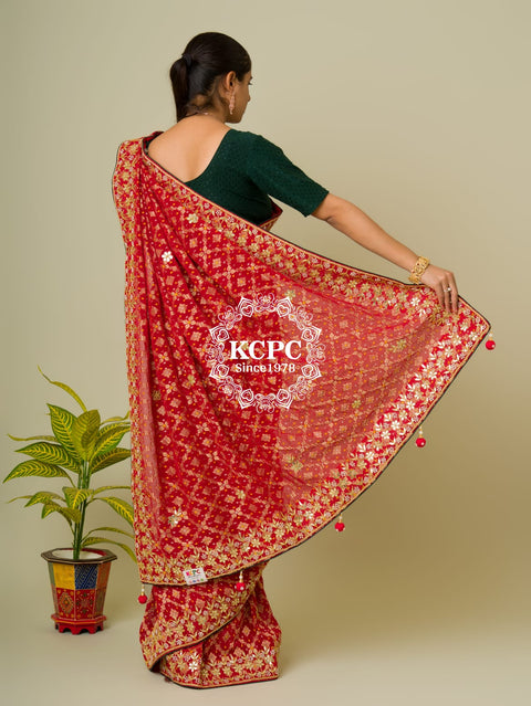 Pure Georgette Banarasi Bandhej Weaving Luxury Ghatchola Saree with blouse smj
